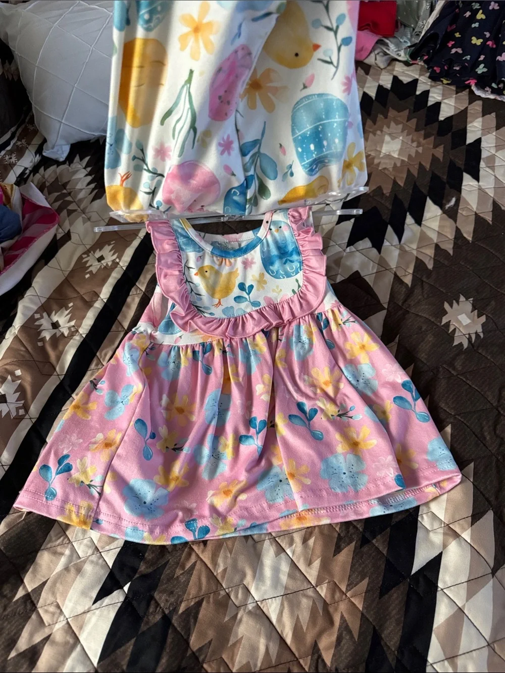 Girls Pink Pastel Bunny & Egg Print Ruffle Pants